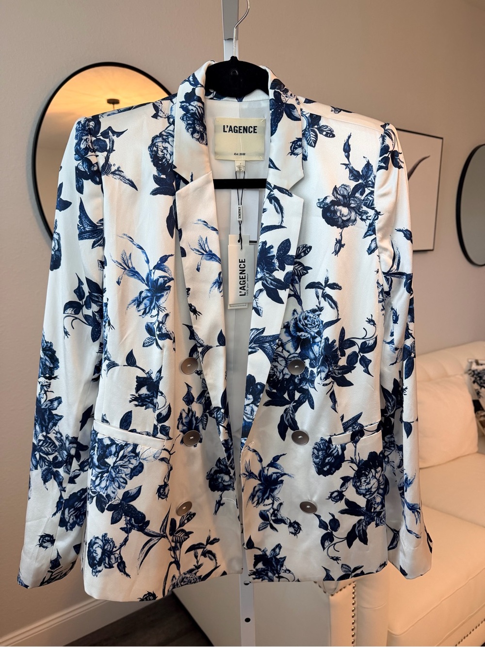 L'AGENCE White Blazer with Navy Floral Print